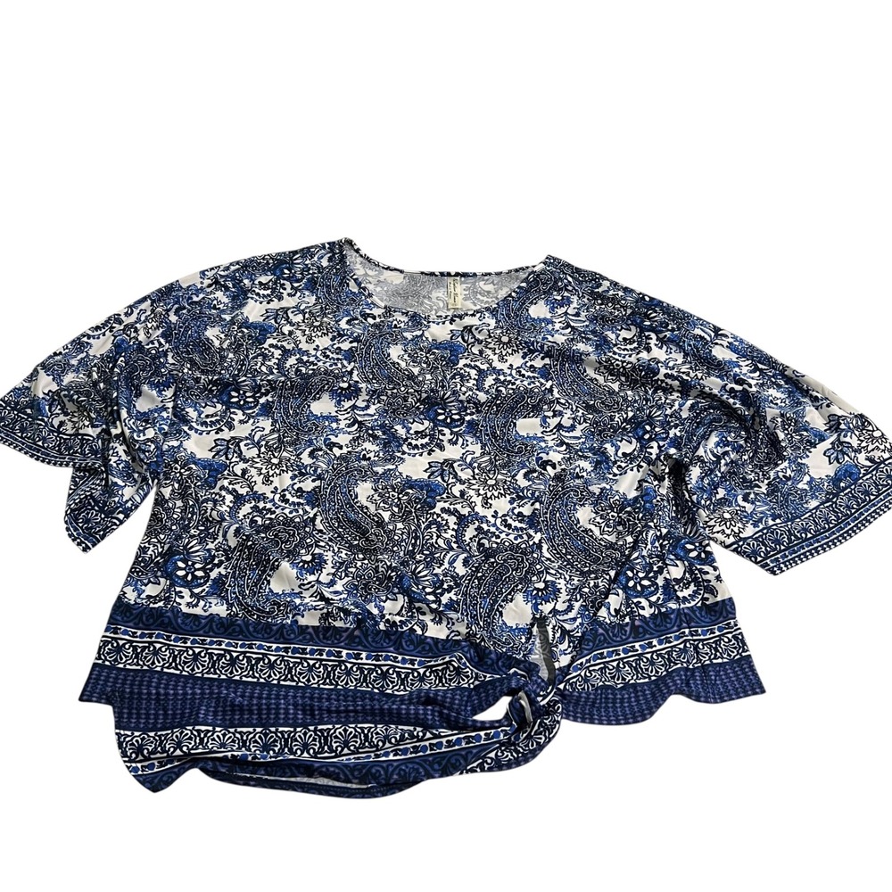 PerSeption Women Blue White Paisley Tie Bell Sleeve Blouse Size‎ 1X